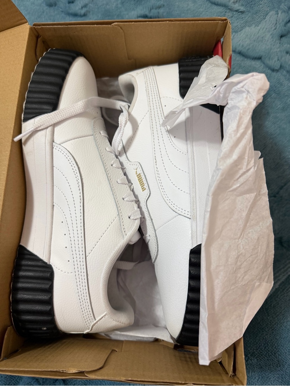 Puma White Leather Sneakers with Black Ribbed Heel